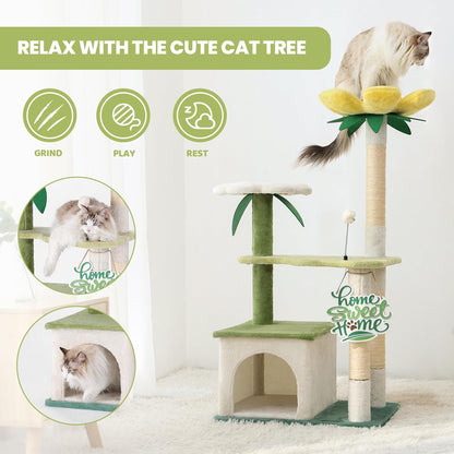 64.5-Inch Cute Avocado Flower Large Tall Garden Cat Tree Tower Condo House Furniture Bed Plush Ball Activity Platform Multi-Level with Scratching Posts for Indoor Cats Play