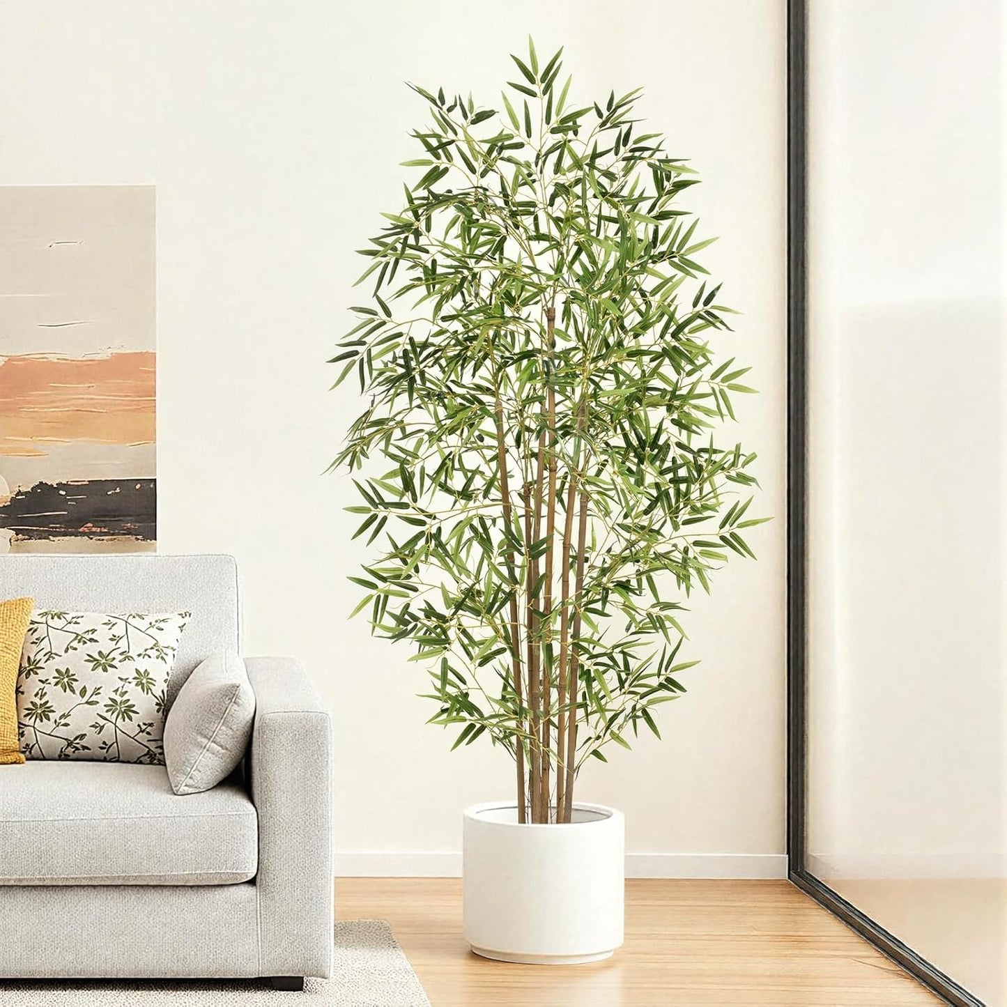 Artificial Bamboo Tree, Fake Bamboo Plant 5FT Tall with 6 Natural Real Bamboo Trunks, Artificial Tree Indoor Decor Faux Silk Tree for Home Office Living Room Modern Decor