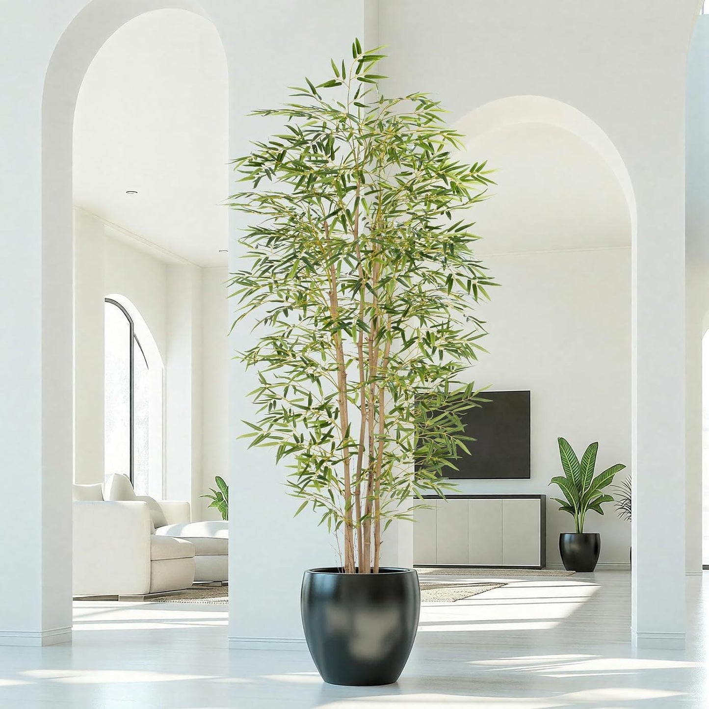 Artificial Bamboo Tree, Fake Bamboo Plant 5FT Tall with 6 Natural Real Bamboo Trunks, Artificial Tree Indoor Decor Faux Silk Tree for Home Office Living Room Modern Decor
