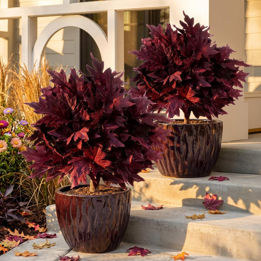 2 Set 25" Artificial Fall Maple Topiary Trees, Outdoor Plum Purple Autumn Faux Plants for Front Porch Decor UV Resistant Fake Maple Ball Trees for Harvest Halloween Entryway Door Outside Decor