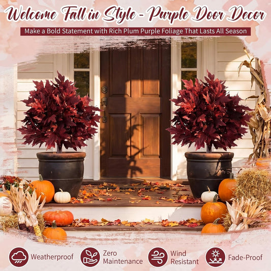 2 Set 25" Artificial Fall Maple Topiary Trees, Outdoor Plum Purple Autumn Faux Plants for Front Porch Decor UV Resistant Fake Maple Ball Trees for Harvest Halloween Entryway Door Outside Decor