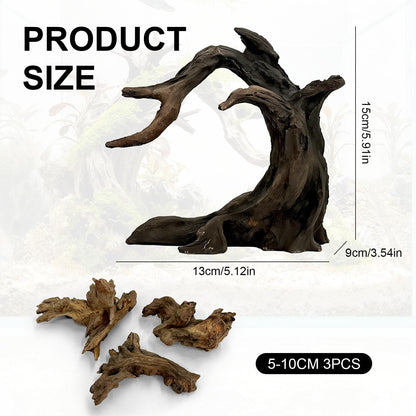 Aquarium Driftwood Decor Set - 1 Anubias Resin Model & 3Pcs Small Natural Driftwood 2-4 inch for Aquascaping, Fish Tank Landscape Design