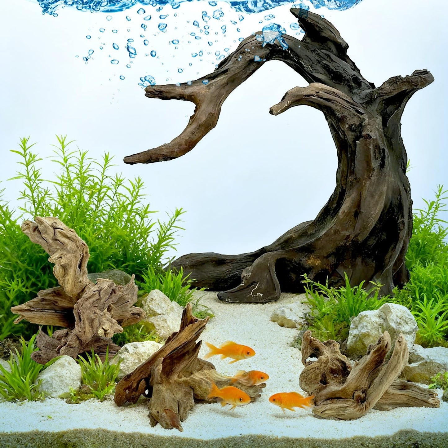 Aquarium Driftwood Decor Set - 1 Anubias Resin Model & 3Pcs Small Natural Driftwood 2-4 inch for Aquascaping, Fish Tank Landscape Design