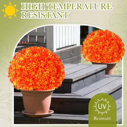 Set of 2 Artificial Boxwood Topiary Ball Tree Fake Bushes Shrubs Outdoor Faux Plant with Ground Spike Flowers UV Resistance Greenery for Front Porch Garden Patio Indoor(Orange,27x18inch)