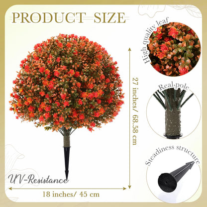 Set of 2 Artificial Boxwood Topiary Ball Tree Fake Bushes Shrubs Outdoor Faux Plant with Ground Spike Flowers UV Resistance Greenery for Front Porch Garden Patio Indoor(Orange,27x18inch)