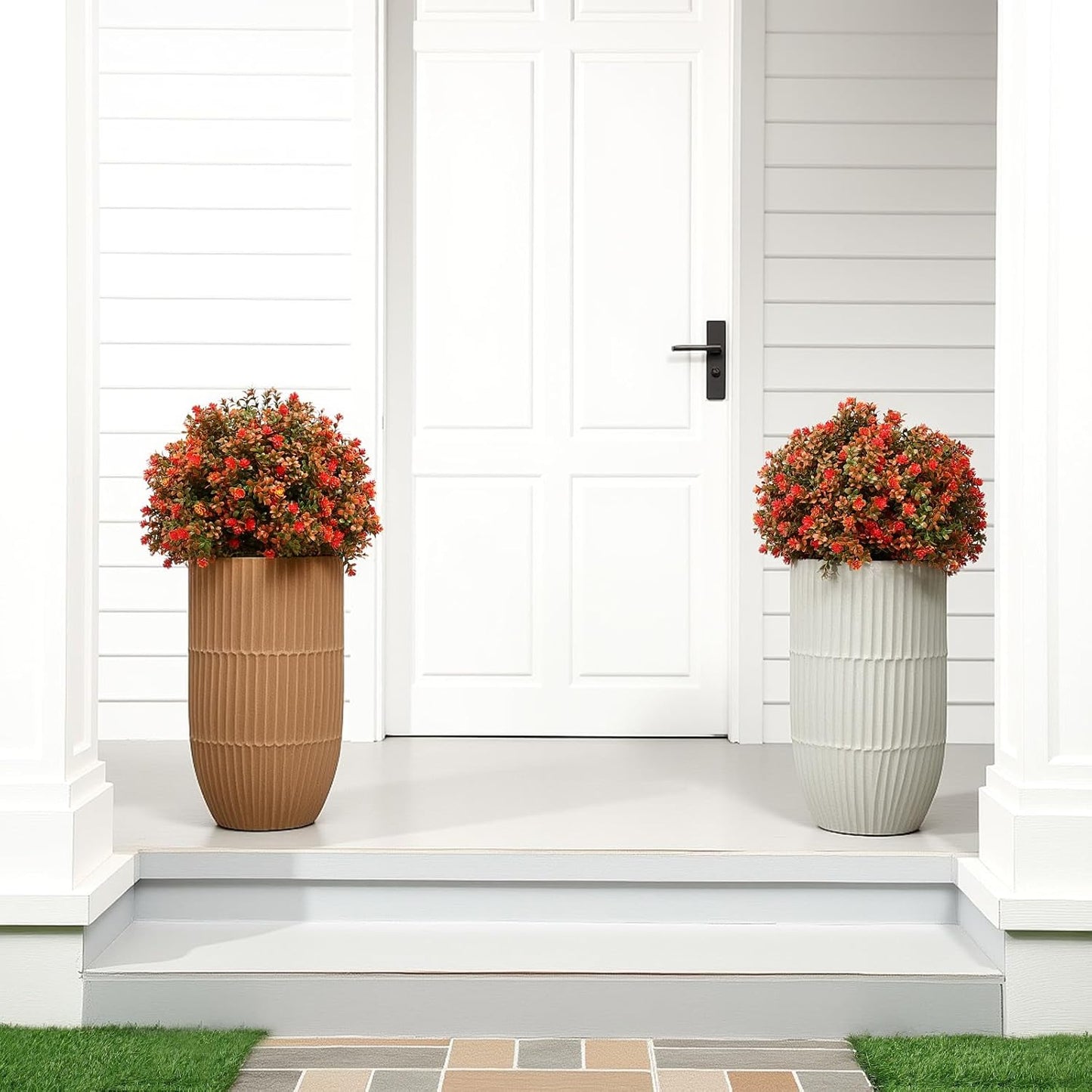 Set of 2 Artificial Boxwood Topiary Ball Tree Fake Bushes Shrubs Outdoor Faux Plant with Ground Spike Flowers UV Resistance Greenery for Front Porch Garden Patio Indoor(Orange,27x18inch)