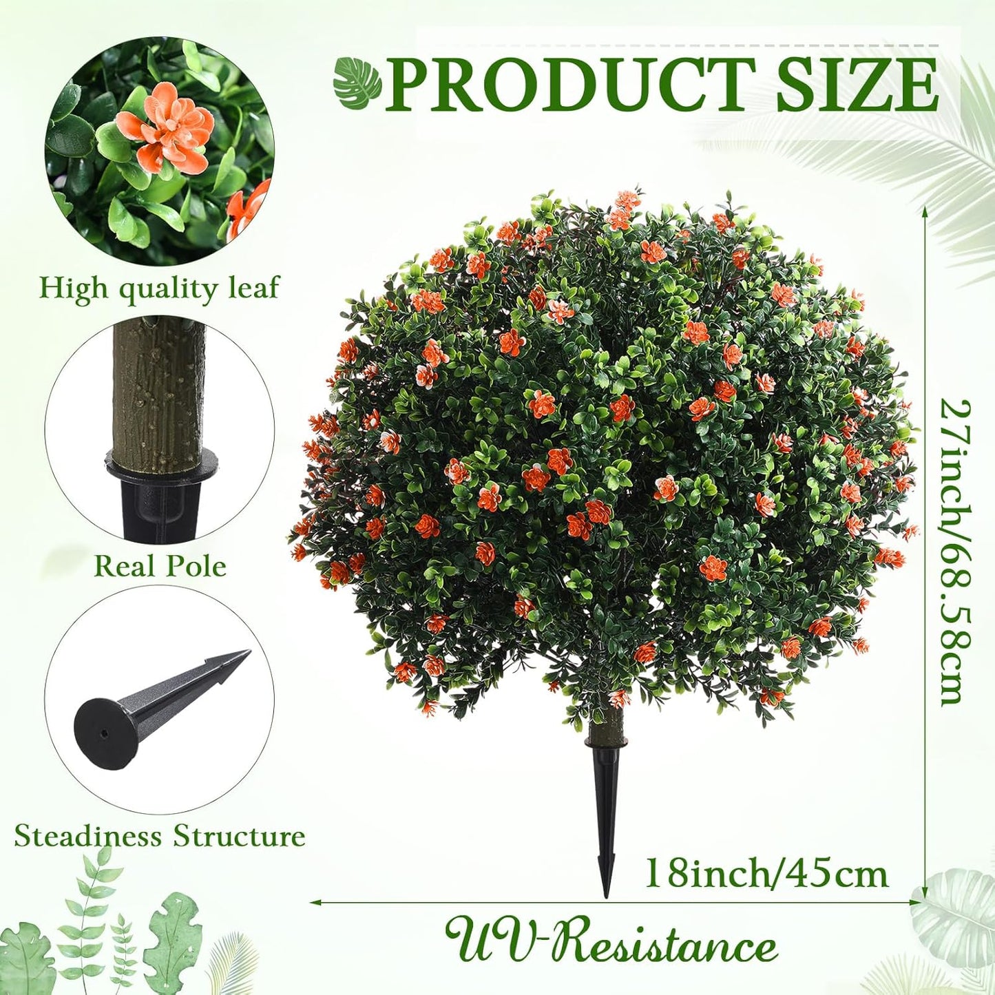 Set of 2 Artificial Boxwood Topiary Ball Tree Fake Bushes Shrubs Outdoor Faux Plant with Ground Spike Flowers UV Resistance Greenery for Front Porch Garden Patio Indoor(Orange,27x18inch)
