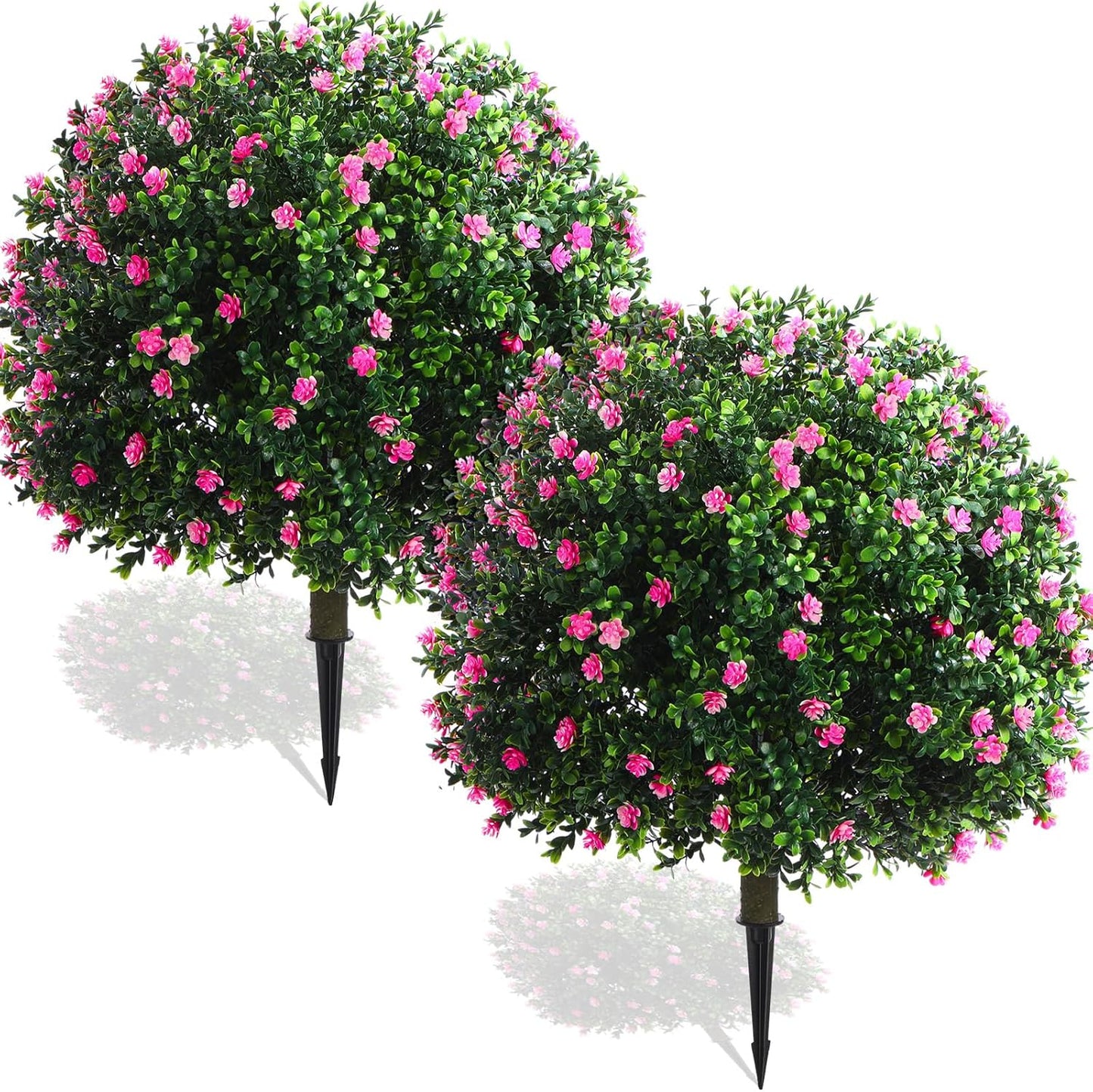 Set of 2 Artificial Boxwood Topiary Ball Tree Fake Bushes Shrubs Outdoor Faux Plant with Ground Spike Flowers UV Resistance Greenery for Front Porch Garden Patio Indoor(Orange,27x18inch)