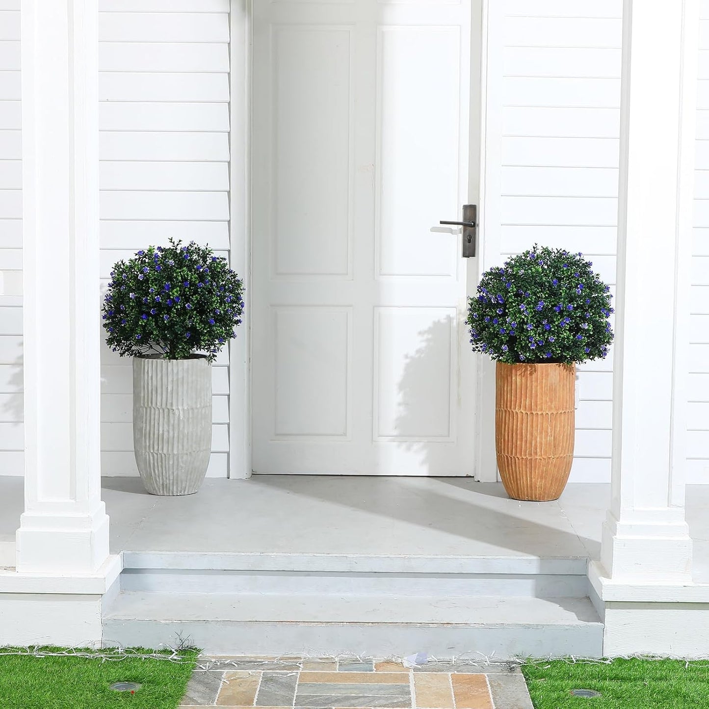 Set of 2 Artificial Boxwood Topiary Ball Tree Fake Bushes Shrubs Outdoor Faux Plant with Ground Spike Flowers UV Resistance Greenery for Front Porch Garden Patio Indoor(Orange,27x18inch)