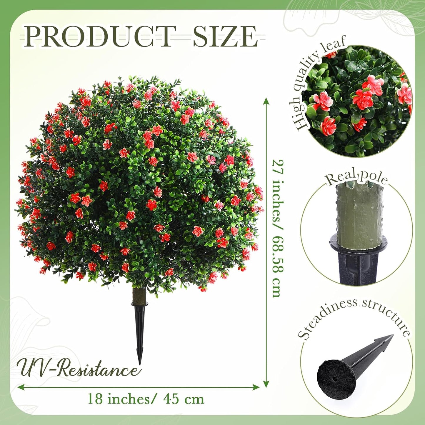 Set of 2 Artificial Boxwood Topiary Ball Tree Fake Bushes Shrubs Outdoor Faux Plant with Ground Spike Flowers UV Resistance Greenery for Front Porch Garden Patio Indoor(Orange,27x18inch)