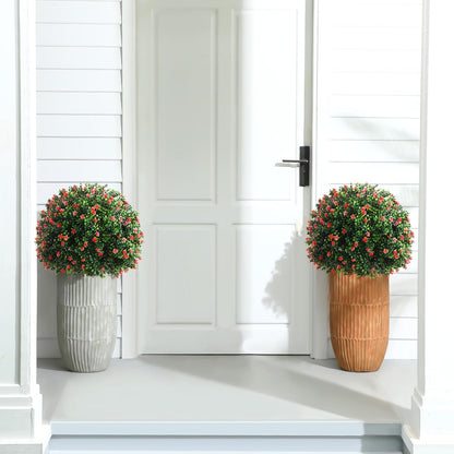 Set of 2 Artificial Boxwood Topiary Ball Tree Fake Bushes Shrubs Outdoor Faux Plant with Ground Spike Flowers UV Resistance Greenery for Front Porch Garden Patio Indoor(Orange,27x18inch)