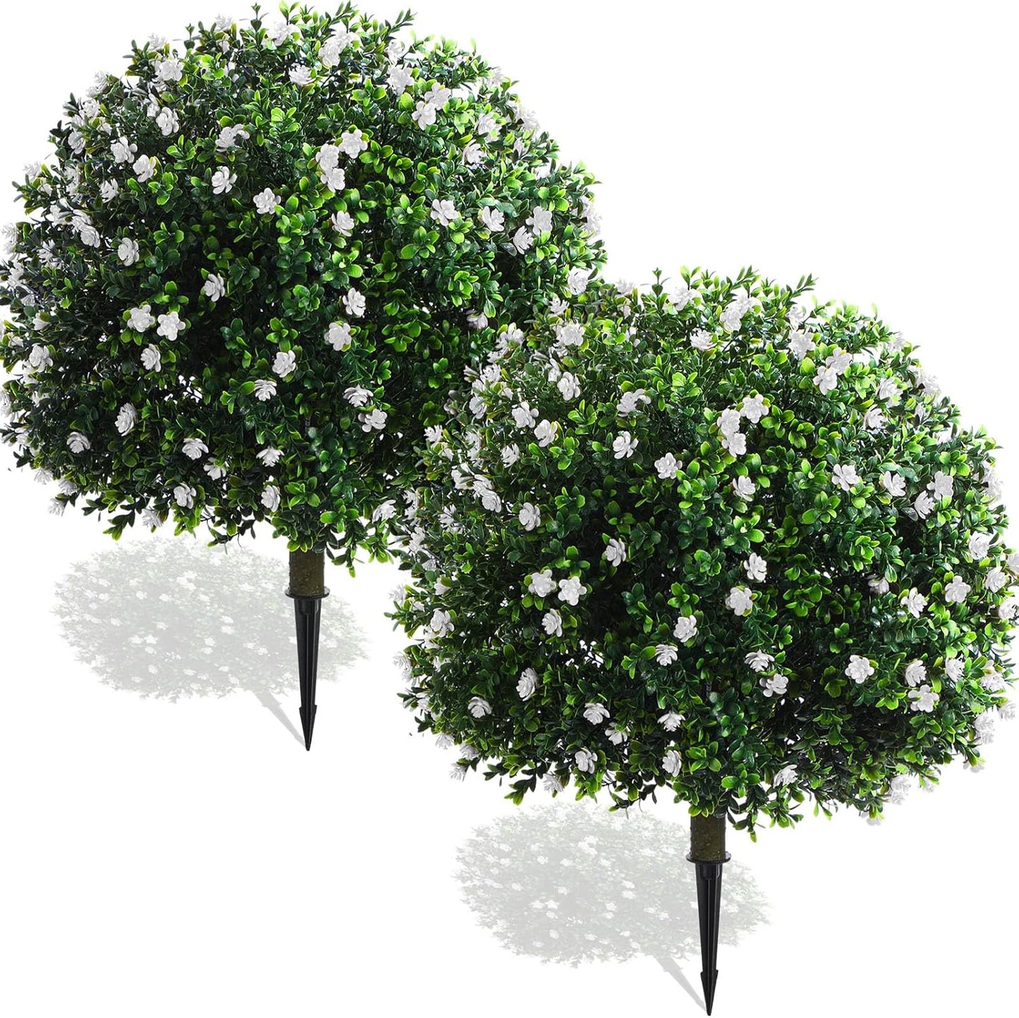 Set of 2 Artificial Boxwood Topiary Ball Tree Fake Bushes Shrubs Outdoor Faux Plant with Ground Spike Flowers UV Resistance Greenery for Front Porch Garden Patio Indoor(Orange,27x18inch)