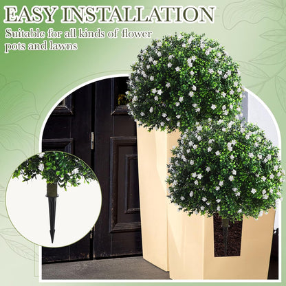 Set of 2 Artificial Boxwood Topiary Ball Tree Fake Bushes Shrubs Outdoor Faux Plant with Ground Spike Flowers UV Resistance Greenery for Front Porch Garden Patio Indoor(Orange,27x18inch)