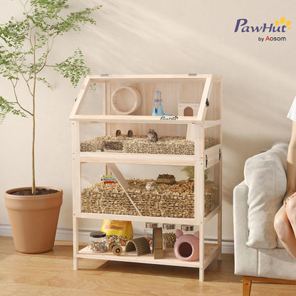 Wooden Hamster Cage, 3 Tier Small Animal Cage with Detachable Lower Floor, Storage Shelf, Hut, Seesaw, Exercise Wheel, Ramps, Hamster Habitat for Dwarf, Gerbil, 31.5" x 21" x 46"