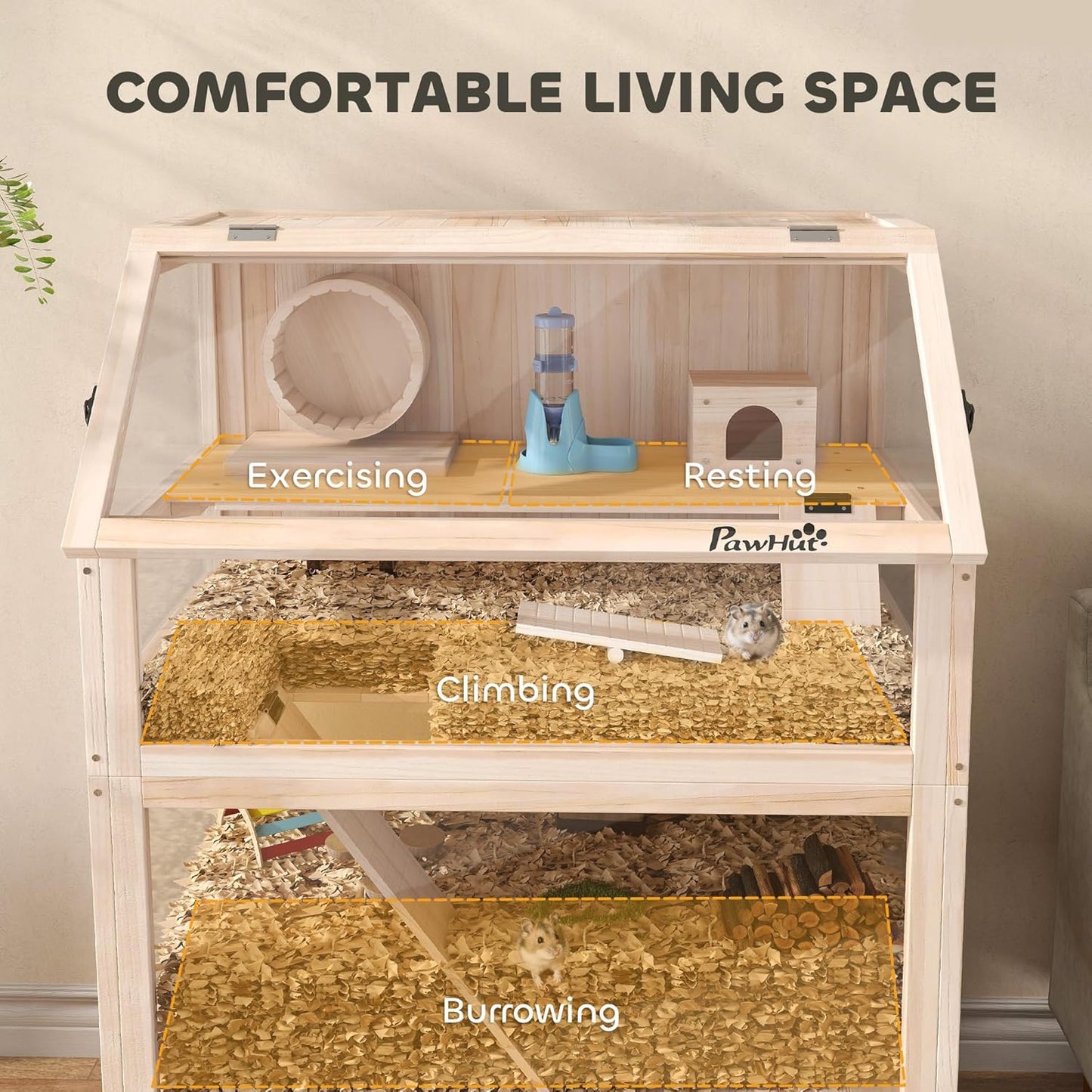 Wooden Hamster Cage, 3 Tier Small Animal Cage with Detachable Lower Floor, Storage Shelf, Hut, Seesaw, Exercise Wheel, Ramps, Hamster Habitat for Dwarf, Gerbil, 31.5" x 21" x 46"