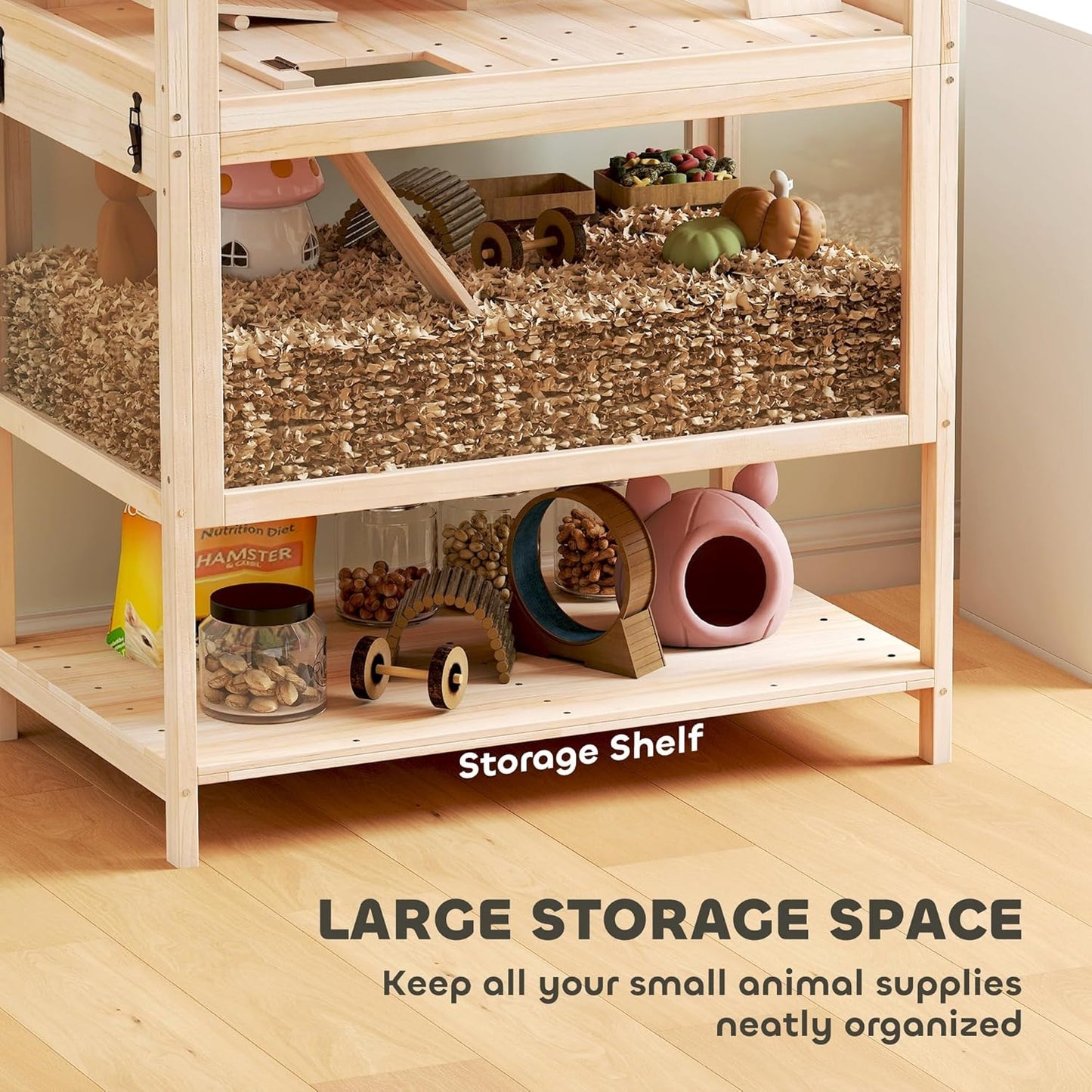Wooden Hamster Cage, 3 Tier Small Animal Cage with Detachable Lower Floor, Storage Shelf, Hut, Seesaw, Exercise Wheel, Ramps, Hamster Habitat for Dwarf, Gerbil, 31.5" x 21" x 46"