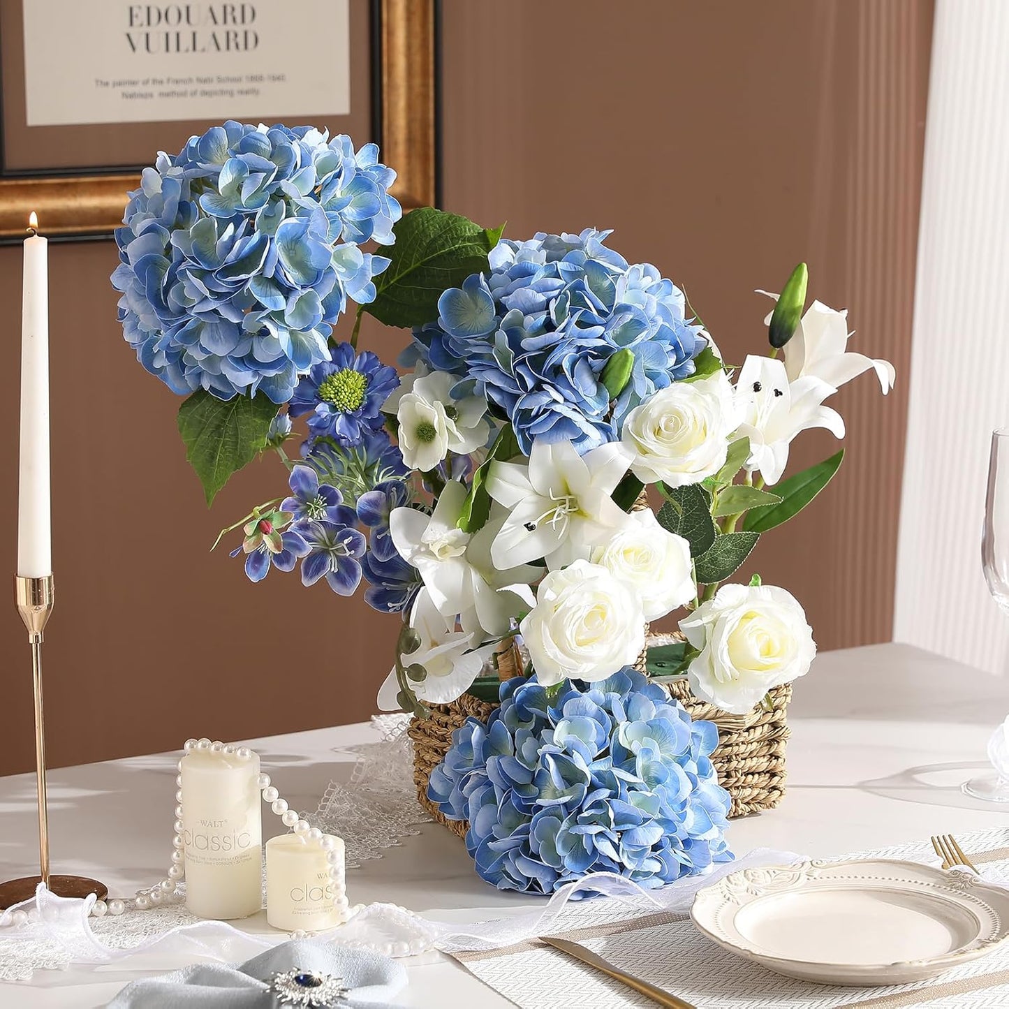 4Pcs White Hydrangea Artificial Flowers, 22.5In Latex Faux Real Touch Large Hydrangea Flowers with Long Stems & Leaves for Home Office Decor Wedding Party Arrangements(White)