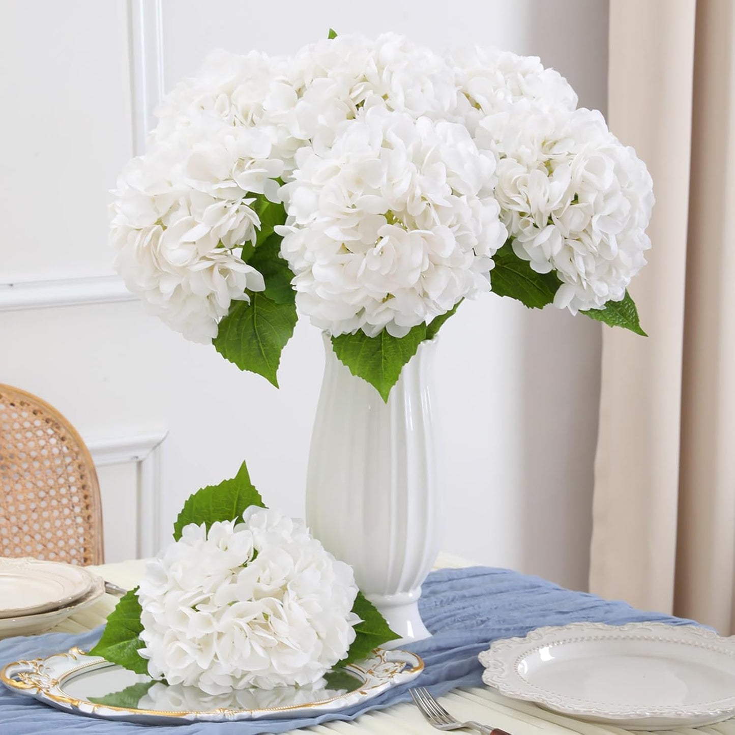 4Pcs White Hydrangea Artificial Flowers, 22.5In Latex Faux Real Touch Large Hydrangea Flowers with Long Stems & Leaves for Home Office Decor Wedding Party Arrangements(White)