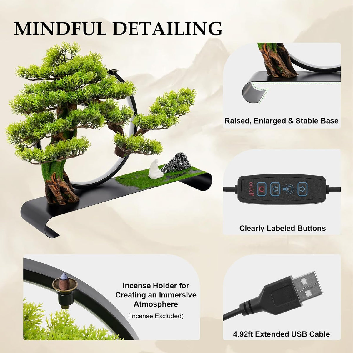 Realistic Simulation Bonsai Tree with LED Light, Zen Desktop Decoration for Home & Office, Artificial Pine Bonsai with Adjustable Brightness, for Stress Relief & Meditation