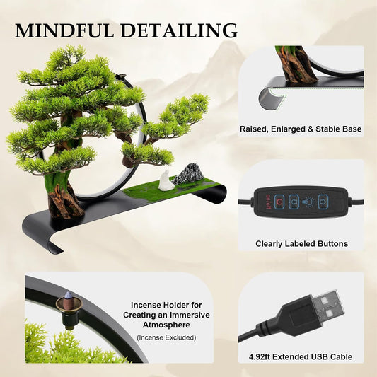 Realistic Simulation Bonsai Tree with LED Light, Zen Desktop Decoration for Home & Office, Artificial Pine Bonsai with Adjustable Brightness, for Stress Relief & Meditation