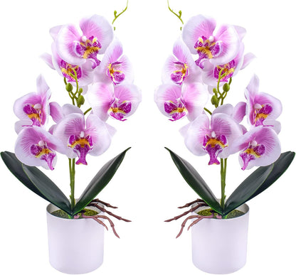 Artificial Orchid Flowers, 2 Pieces Potted Orchid Flowers with Plastic Vase for Table Centerpiece Home Decor Office Wedding Party Decoration
