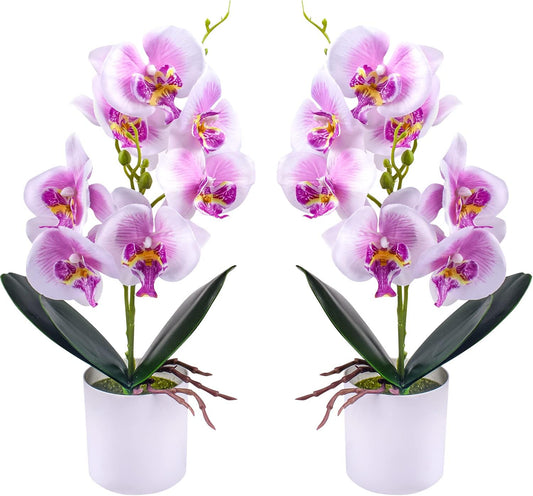 Artificial Orchid Flowers, 2 Pieces Potted Orchid Flowers with Plastic Vase for Table Centerpiece Home Decor Office Wedding Party Decoration
