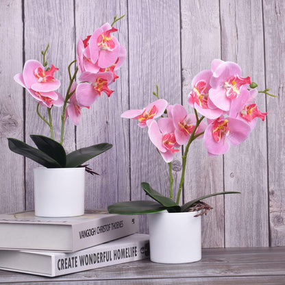 Artificial Orchid Flowers, 2 Pieces Potted Orchid Flowers with Plastic Vase for Table Centerpiece Home Decor Office Wedding Party Decoration