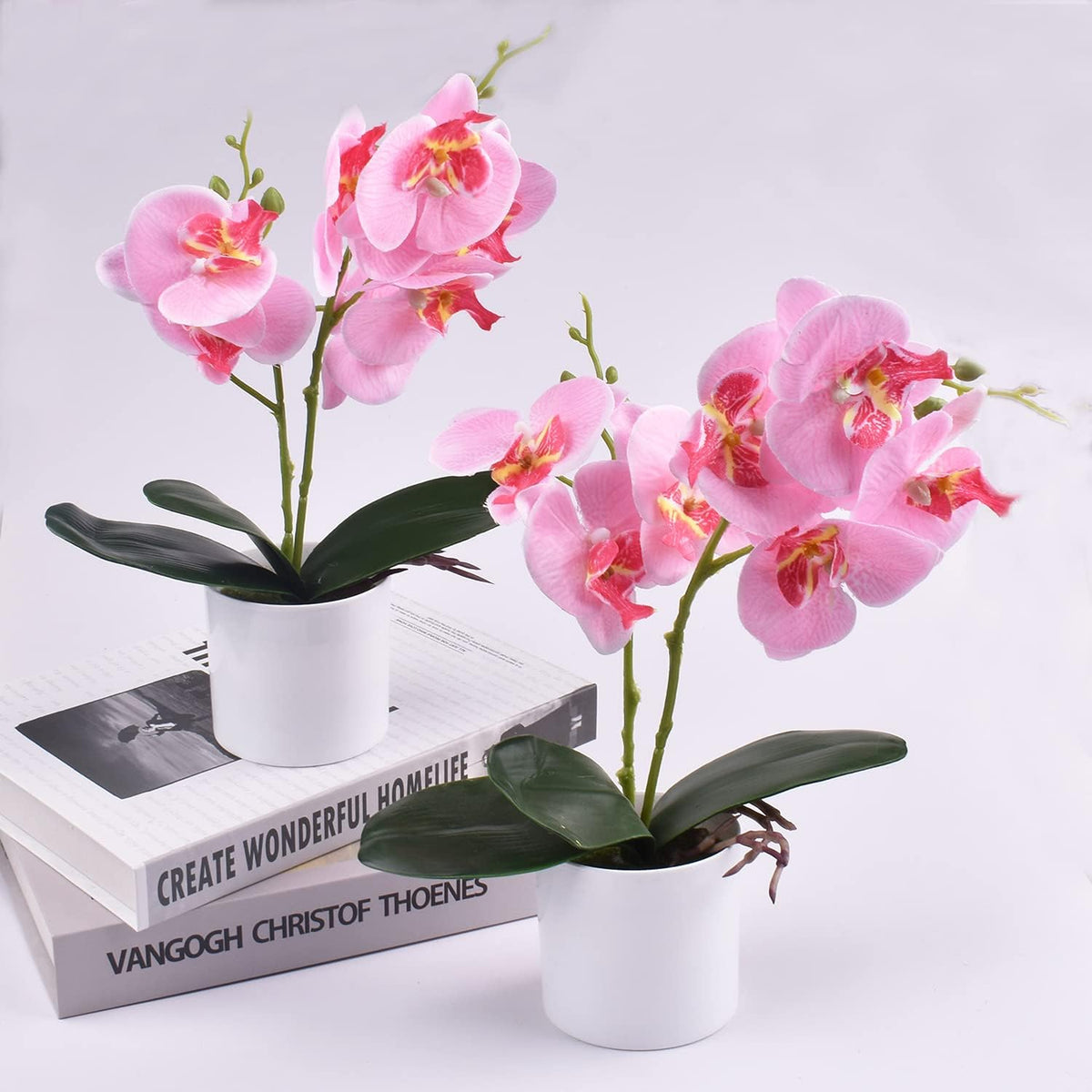 Artificial Orchid Flowers, 2 Pieces Potted Orchid Flowers with Plastic Vase for Table Centerpiece Home Decor Office Wedding Party Decoration