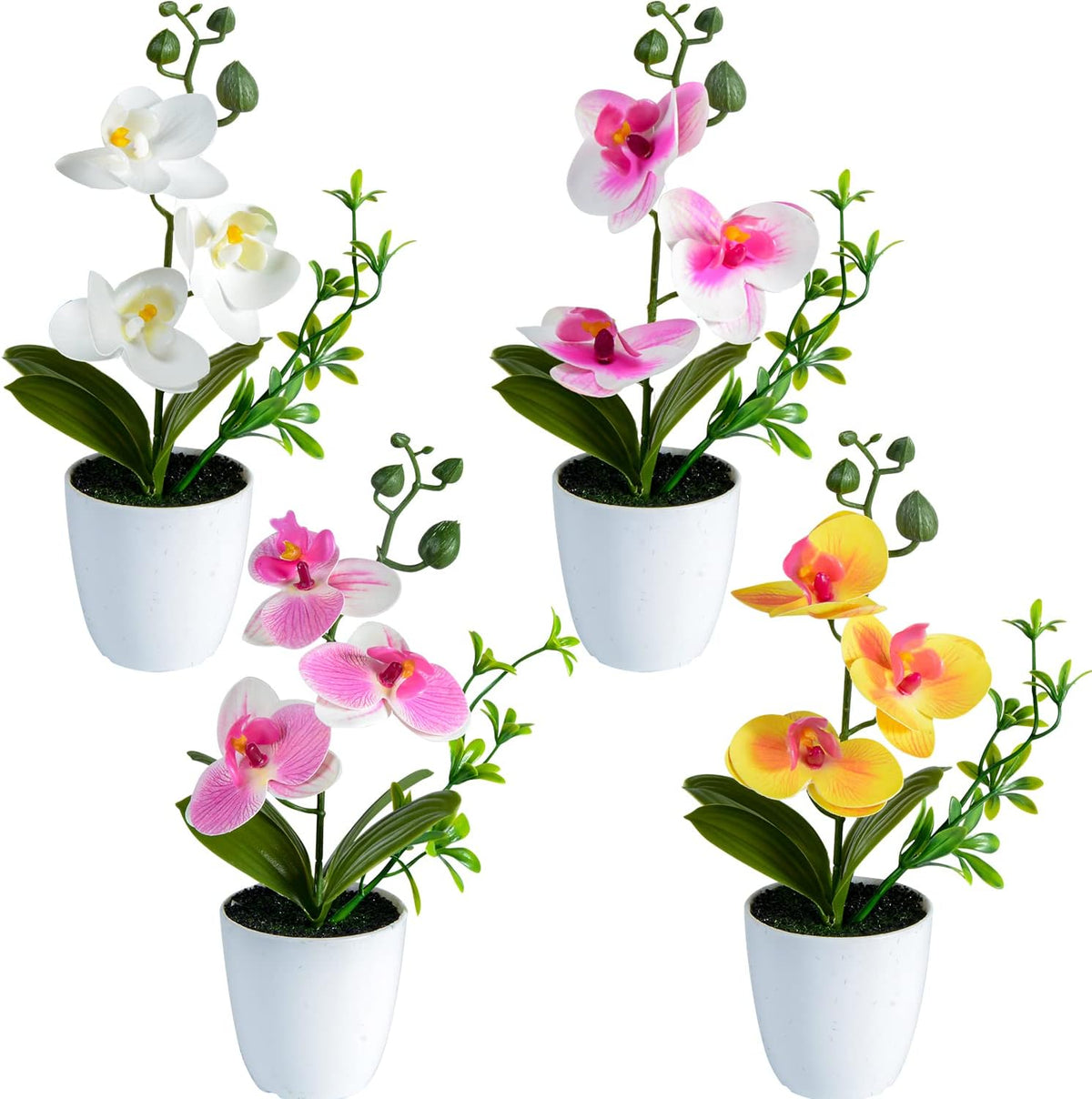 Artificial Orchid Flowers, 2 Pieces Potted Orchid Flowers with Plastic Vase for Table Centerpiece Home Decor Office Wedding Party Decoration