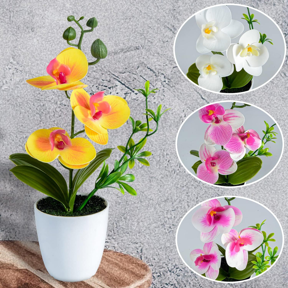 Artificial Orchid Flowers, 2 Pieces Potted Orchid Flowers with Plastic Vase for Table Centerpiece Home Decor Office Wedding Party Decoration