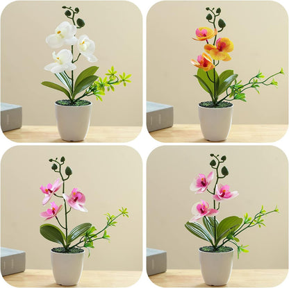 Artificial Orchid Flowers, 2 Pieces Potted Orchid Flowers with Plastic Vase for Table Centerpiece Home Decor Office Wedding Party Decoration