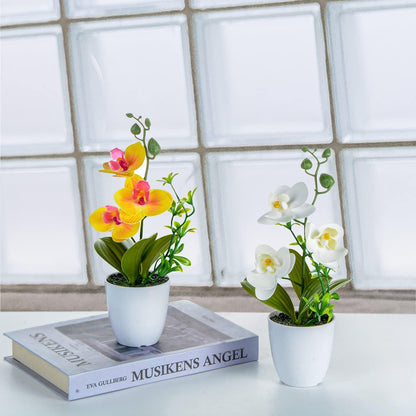 Artificial Orchid Flowers, 2 Pieces Potted Orchid Flowers with Plastic Vase for Table Centerpiece Home Decor Office Wedding Party Decoration