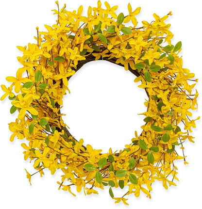 22 Inches Spring Wreath Artificial Spring Wreaths for Front Door Yellow Forsythia Wreath with Eucalyptus Leaves for Springtime Holidays Wall Porch Farmhouse