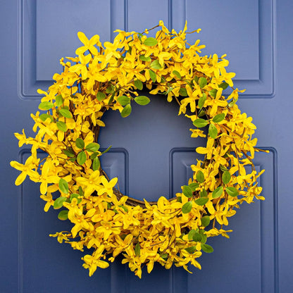 22 Inches Spring Wreath Artificial Spring Wreaths for Front Door Yellow Forsythia Wreath with Eucalyptus Leaves for Springtime Holidays Wall Porch Farmhouse