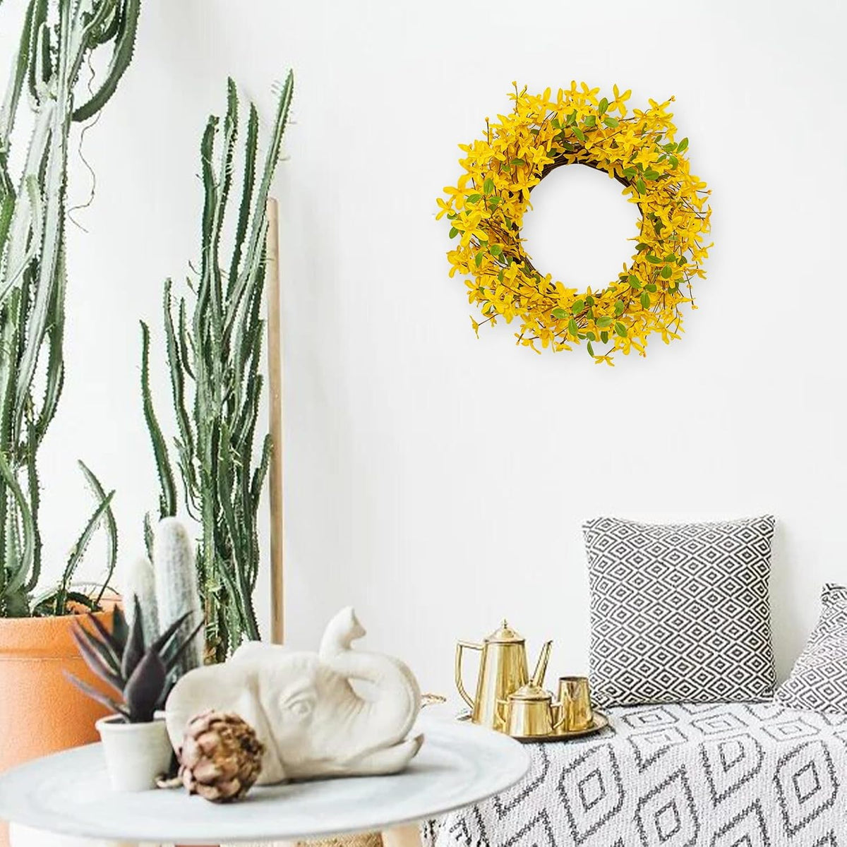 22 Inches Spring Wreath Artificial Spring Wreaths for Front Door Yellow Forsythia Wreath with Eucalyptus Leaves for Springtime Holidays Wall Porch Farmhouse