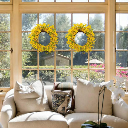 22 Inches Spring Wreath Artificial Spring Wreaths for Front Door Yellow Forsythia Wreath with Eucalyptus Leaves for Springtime Holidays Wall Porch Farmhouse