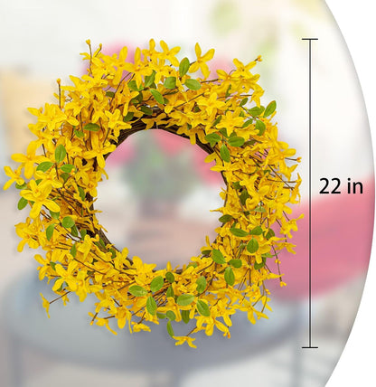 22 Inches Spring Wreath Artificial Spring Wreaths for Front Door Yellow Forsythia Wreath with Eucalyptus Leaves for Springtime Holidays Wall Porch Farmhouse