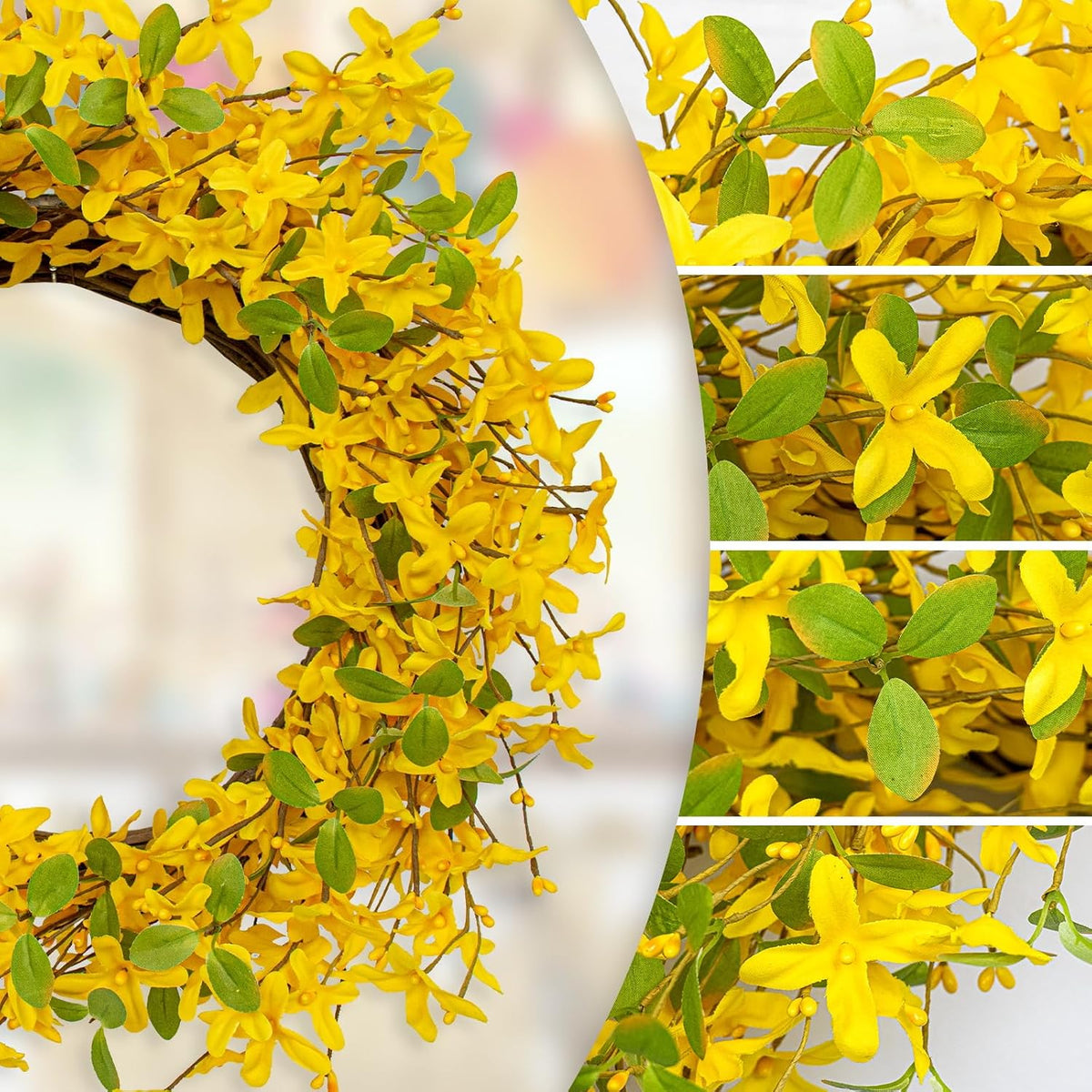 22 Inches Spring Wreath Artificial Spring Wreaths for Front Door Yellow Forsythia Wreath with Eucalyptus Leaves for Springtime Holidays Wall Porch Farmhouse