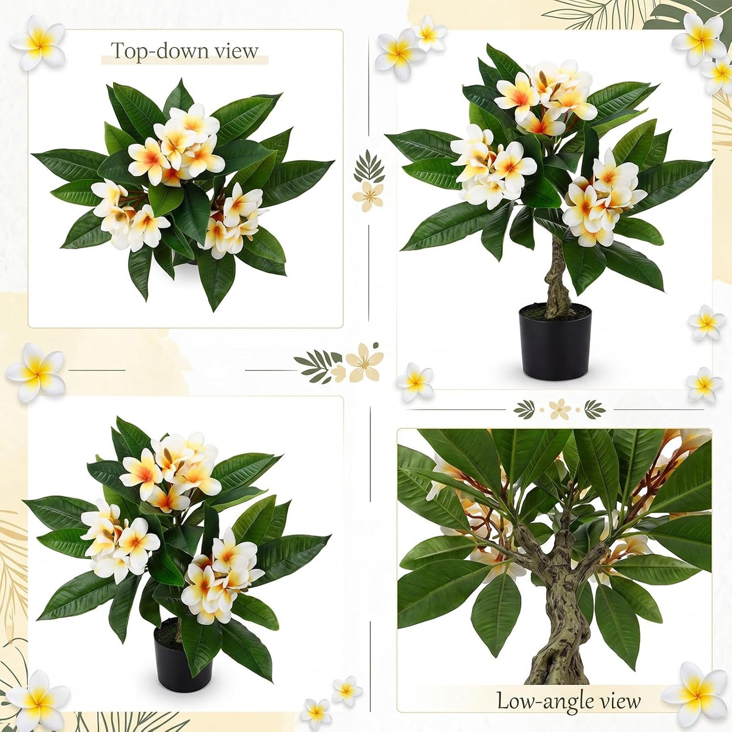 Riceshoot 2 Pack Artificial Plumeria Plants 23.62'' Fake Tropical Plumeria Flowers Tree Plants in Black Pot, Hawaiian Yellow Faux Frangipani Tree Plant for Home Office Wedding Decor