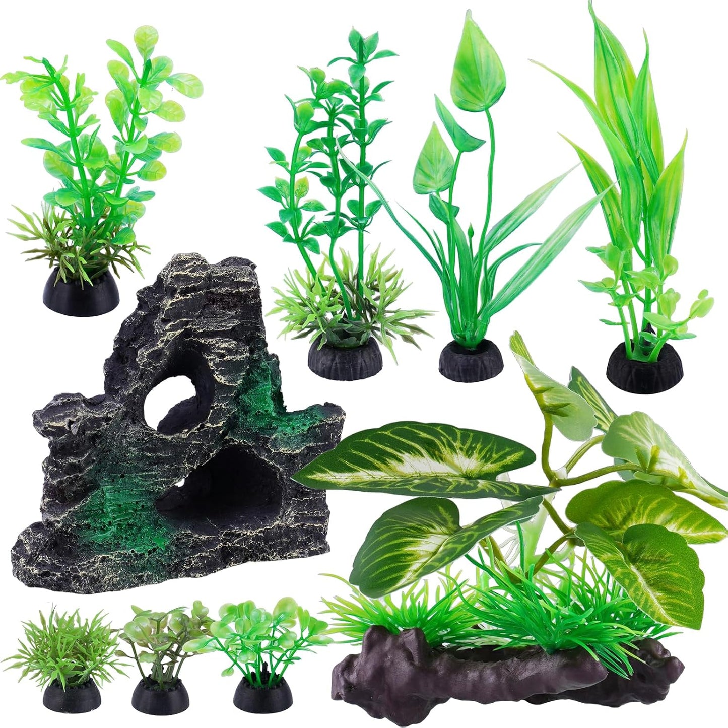 9PCS Realistic Aquarium Artificial Plant Decoration Set, Weighted Base Driftwood, Rock Mountain & Aquatic Plants, Non-Fading Aquascape Greenery Ornaments for Freshwater or Saltwater Fish Tanks