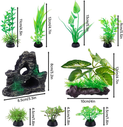 9PCS Realistic Aquarium Artificial Plant Decoration Set, Weighted Base Driftwood, Rock Mountain & Aquatic Plants, Non-Fading Aquascape Greenery Ornaments for Freshwater or Saltwater Fish Tanks