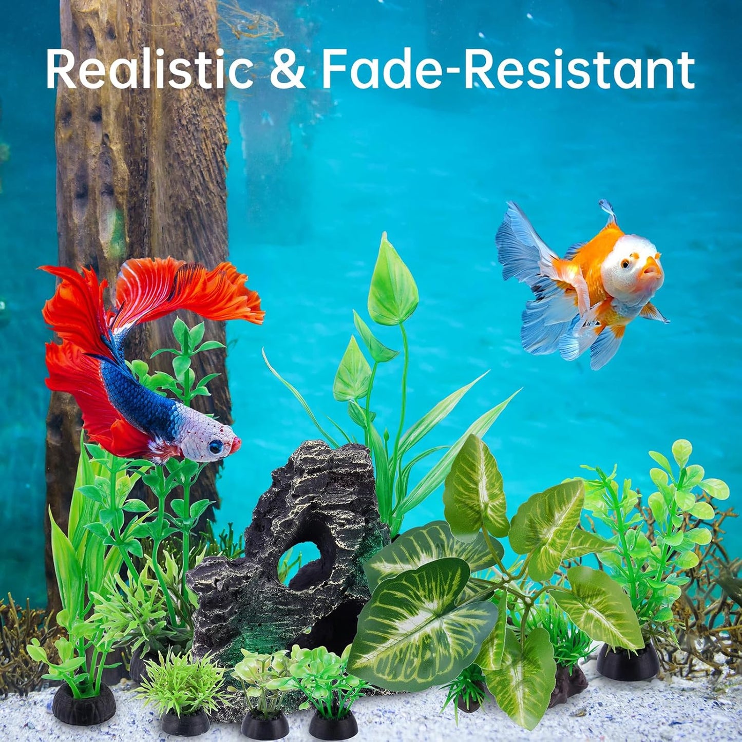 9PCS Realistic Aquarium Artificial Plant Decoration Set, Weighted Base Driftwood, Rock Mountain & Aquatic Plants, Non-Fading Aquascape Greenery Ornaments for Freshwater or Saltwater Fish Tanks