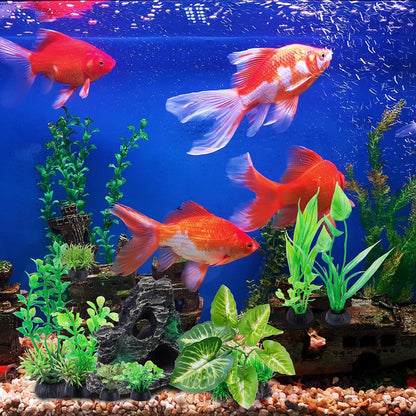 9PCS Realistic Aquarium Artificial Plant Decoration Set, Weighted Base Driftwood, Rock Mountain & Aquatic Plants, Non-Fading Aquascape Greenery Ornaments for Freshwater or Saltwater Fish Tanks