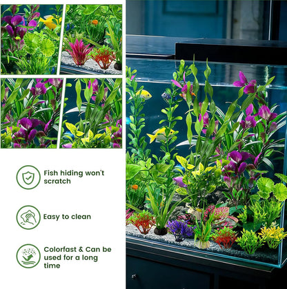 Artificial Aquarium Plants Realistic Green Plastic Fish Tank Decorations | 22Pcs Natural-Looking Aquatic Plants Decor for Betta, Goldfish and Freshwater Aquariums