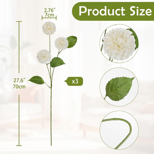 27.6" Pink Artificial Dahlia Flowers 3Pcs Fake Roses Bouquet Ball Dahlia Flower Arrangement Faux Pincushion Flower with 3 Heads Long Stem for Centerpiece Home Decor