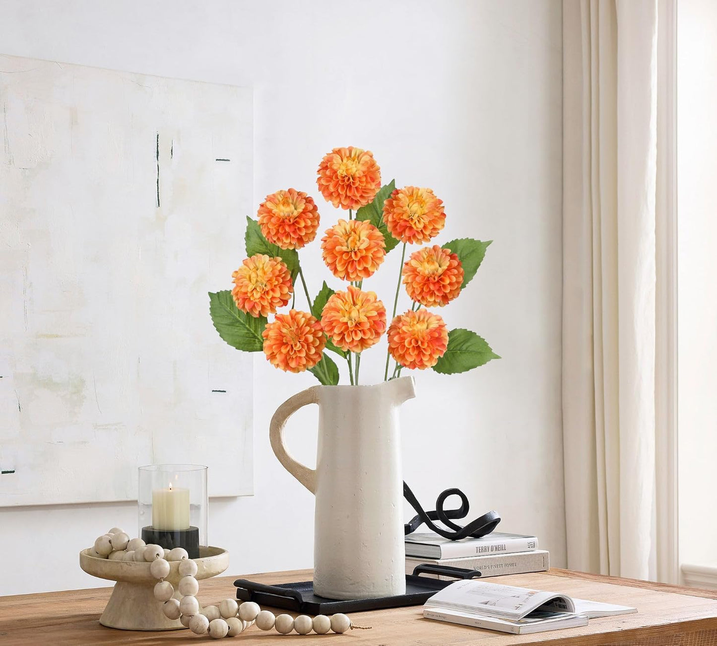 27.6" Pink Artificial Dahlia Flowers 3Pcs Fake Roses Bouquet Ball Dahlia Flower Arrangement Faux Pincushion Flower with 3 Heads Long Stem for Centerpiece Home Decor