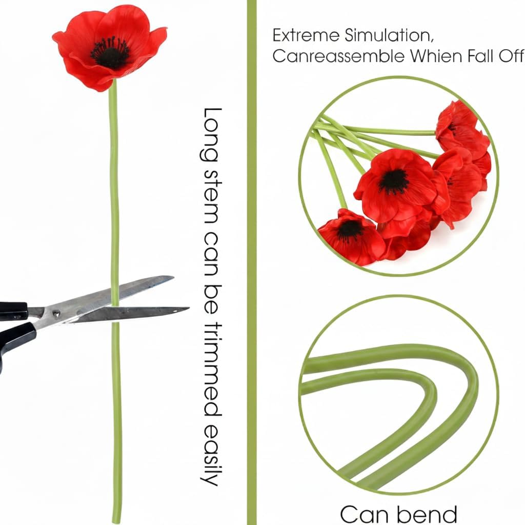 7Pcs Artificial Poppy Flowers, Red Anemone Poppies, Fake Realistic Wild Flower Stems for DIY Bouquet, Home Kitchen Wedding Centerpiece Decor, Floral Table Vase Arrangements, Add a Real Touch, 11.6" L