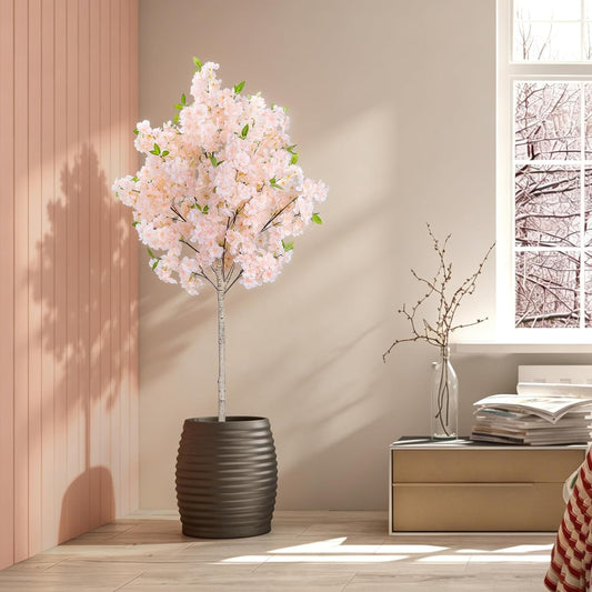 6FT Artificial Cherry Blossom Tree with Nursery Pot, Faux Champagne Sakura Tree with Adjustable Branches for Living Room, Entryway, Office and Wedding Decor