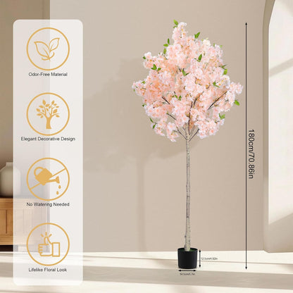 6FT Artificial Cherry Blossom Tree with Nursery Pot, Faux Champagne Sakura Tree with Adjustable Branches for Living Room, Entryway, Office and Wedding Decor