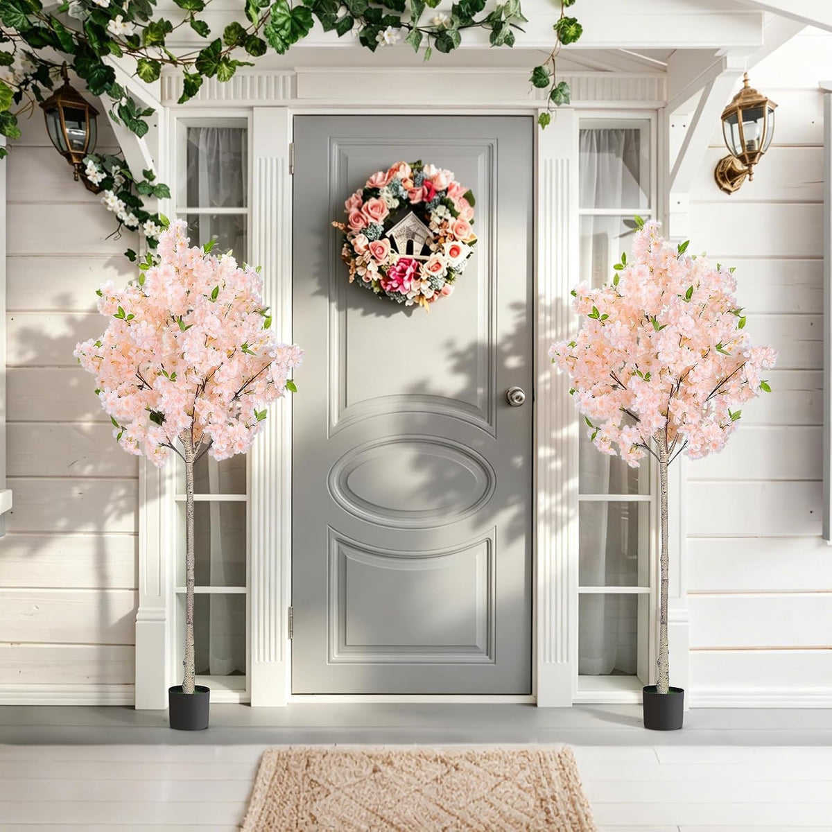 6FT Artificial Cherry Blossom Tree with Nursery Pot, Faux Champagne Sakura Tree with Adjustable Branches for Living Room, Entryway, Office and Wedding Decor